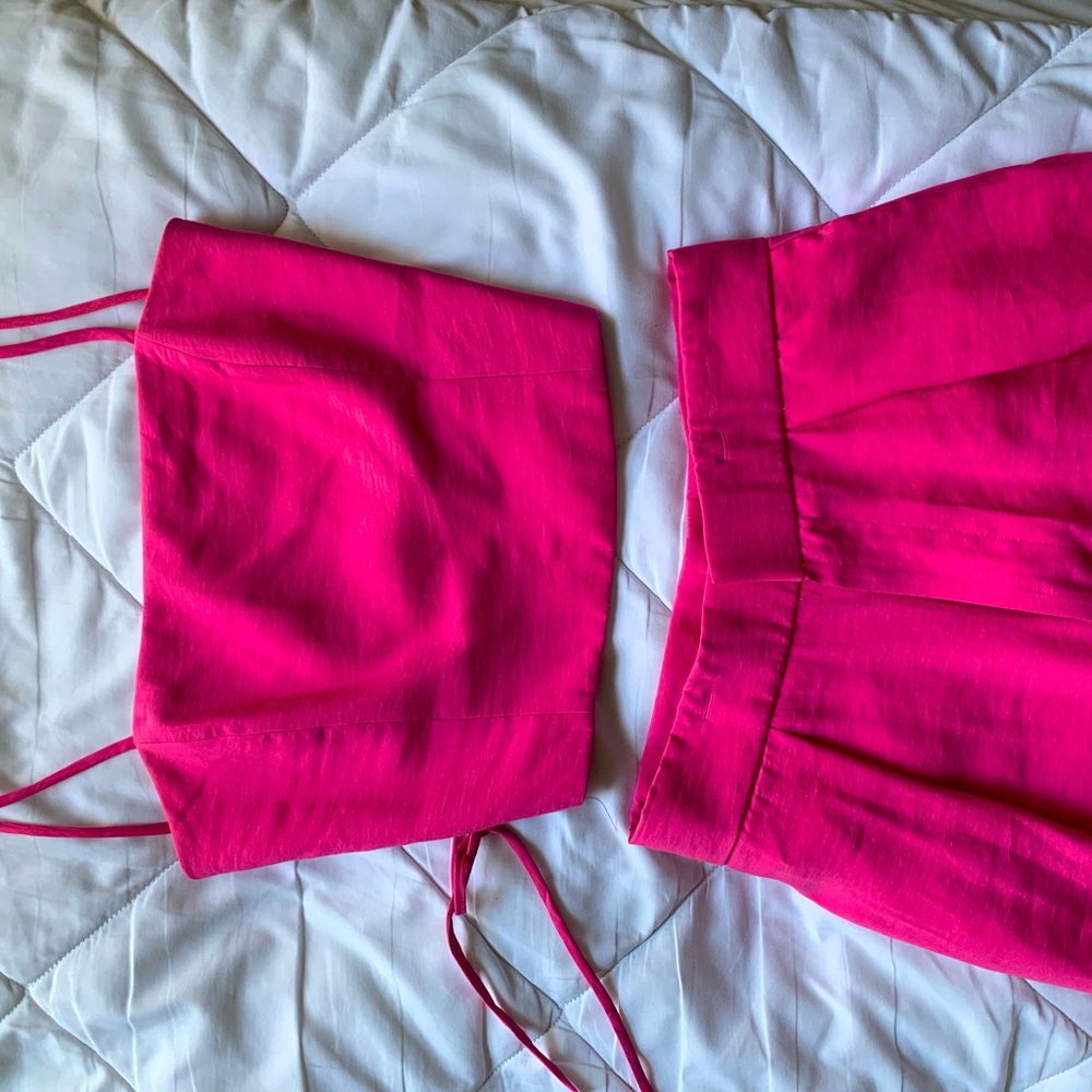Zara Two Piece Pink Wide leg Pants Set w/ Pockets and tie open back
